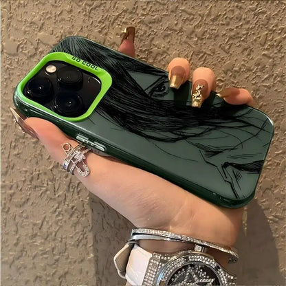 Back of dark green matte attack on titan levi phone case with black line art woman face and bright green camera frame so cool