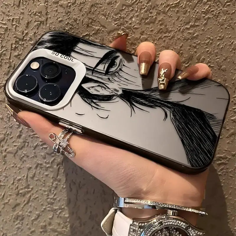 Attack on titan levi phone case with sleek black and white glossy finish and bold line art of titan levi face on back