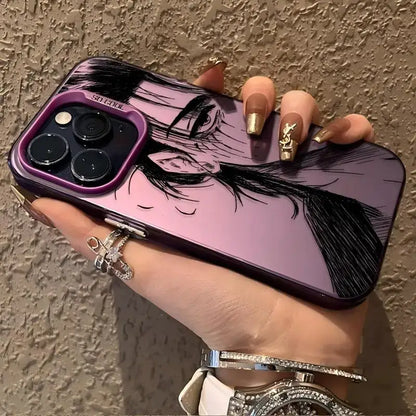 Back side of purple gradient matte anti-fall titan levi phone case with black anime woman illustration and so cool branding