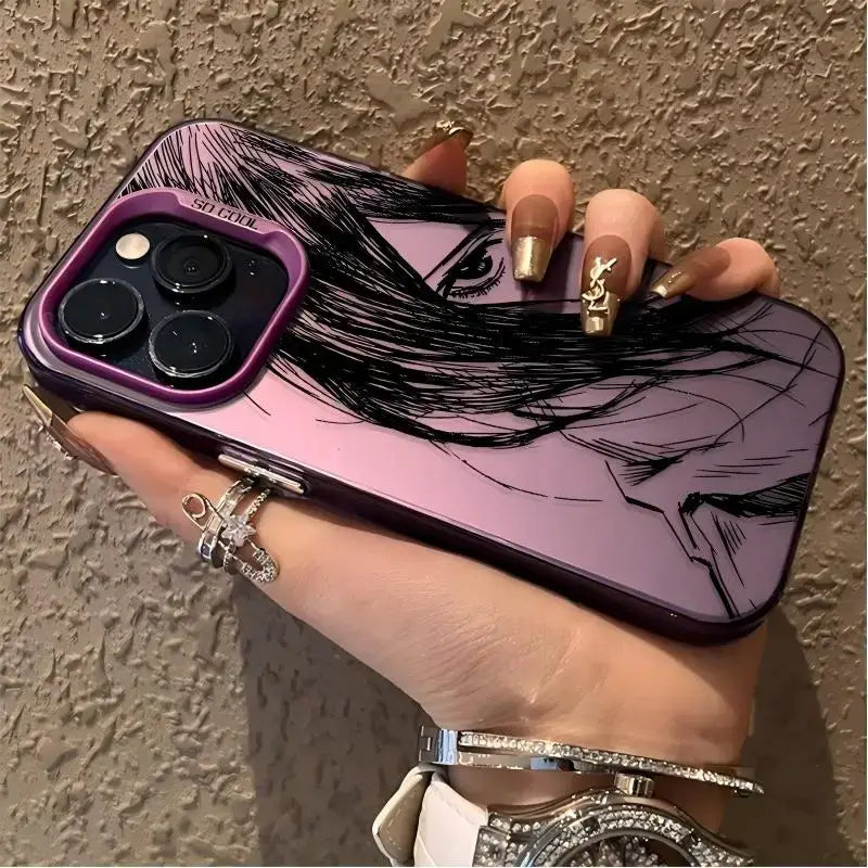 Purple matte anti-fall titan levi phone case showing back with black line-art woman illustration and matching camera ring