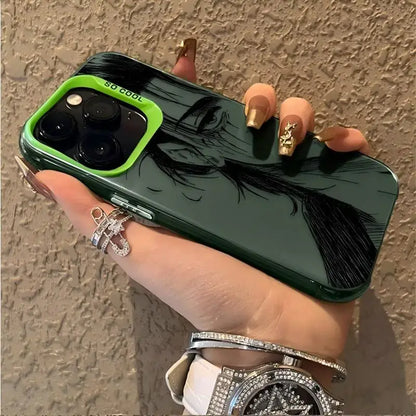 Dark green matte anti-fall levi phone case with black anime illustration and bright green camera cutout reading so cool back view