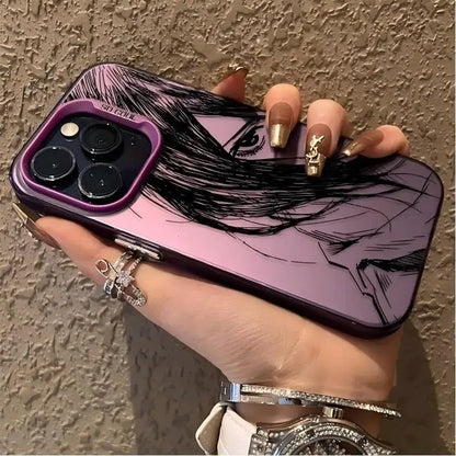 Back side of a purple matte anti-fall titan levi phone case with black ink-style illustration and so cool branding