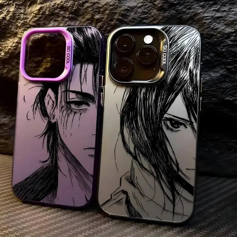 Two attack on titan levi phone cases with purple gradient and monochrome sketch designs matte anti-fall cover