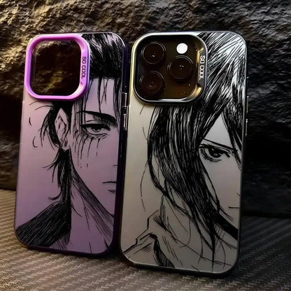 Two attack on titan levi phone cases with purple gradient and monochrome sketch designs matte anti-fall cover