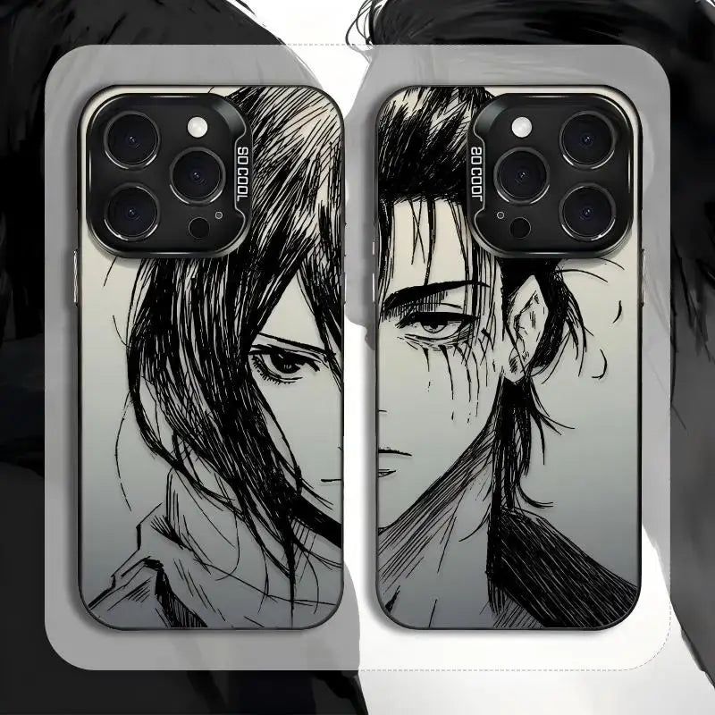 Two black-and-white matte anti-fall levi phone cases with sketch-style design on smartphones for titan levi phone use