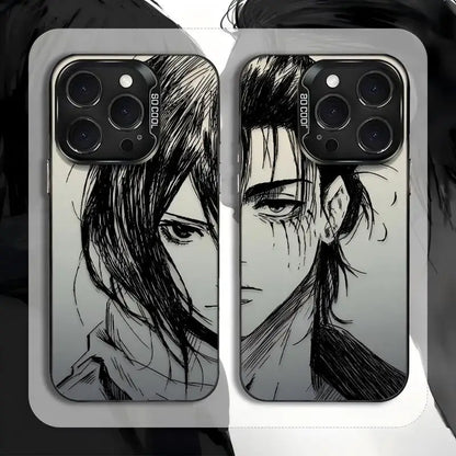 Two black-and-white matte anti-fall levi phone cases with sketch-style design on smartphones for titan levi phone use