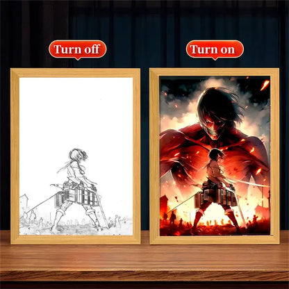 The attack on titan moon lamp frame features an illuminated fiery red diorama with a giant titan and small figure in battle