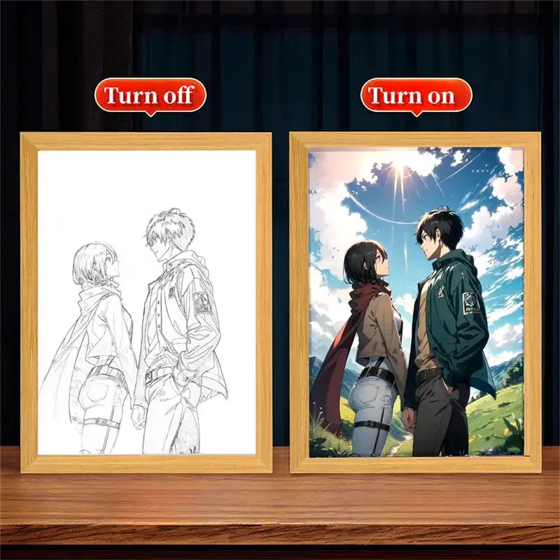 Wooden-framed attack on titan anime art print with vibrant skies and characters paired with led moon lamp decor