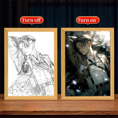 Wooden-framed attack on titan moon lamp featuring black-and-white line art and vibrant colored anime character illustration