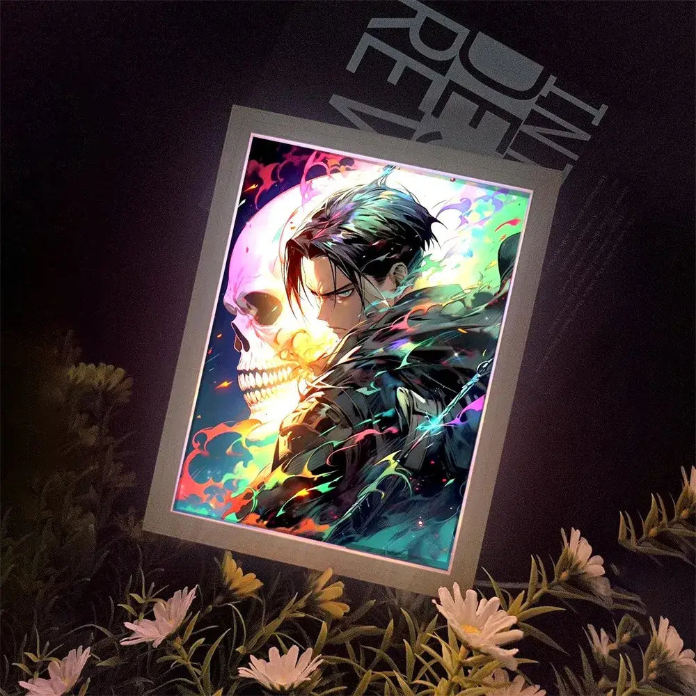 A framed anime artwork featuring a dark-haired character with glowing energy effects in an attack on titan moon lamp frame