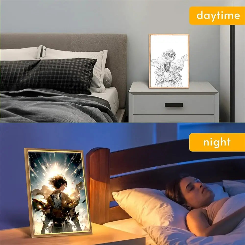 A framed attack on titan moon lamp featuring a glowing led anime illustration of an armored character in action