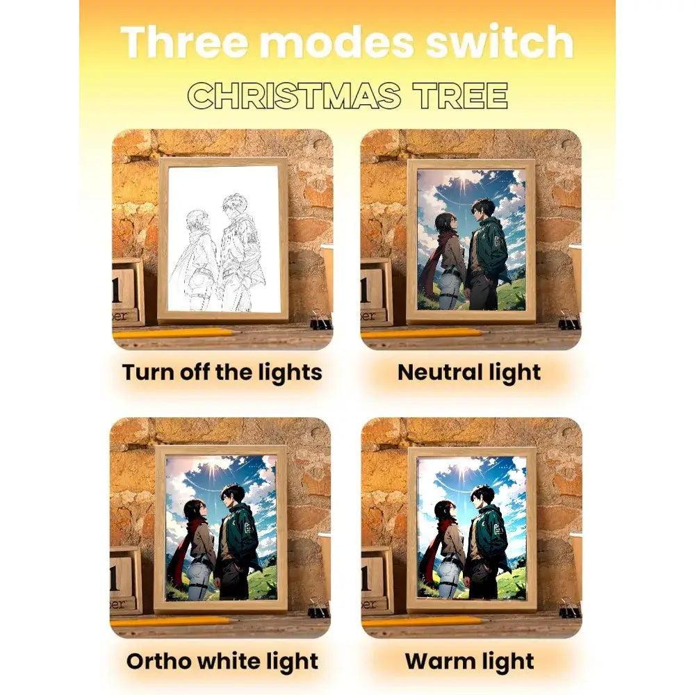 A framed attack on titan anime christmas tree illustration moon lamp with two characters in four lighting modes
