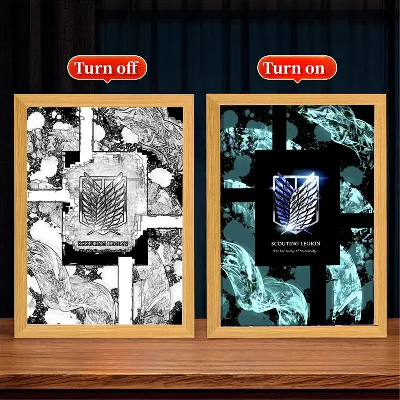 Two attack on titan scout regiment emblem prints one black and white wooden frame and one blue glowing led frame bedroom decor