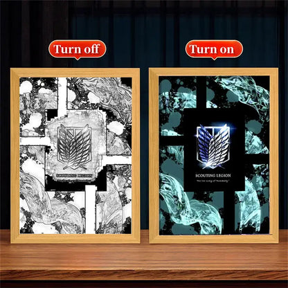 Two attack on titan scout regiment emblem prints one black and white wooden frame and one blue glowing led frame bedroom decor
