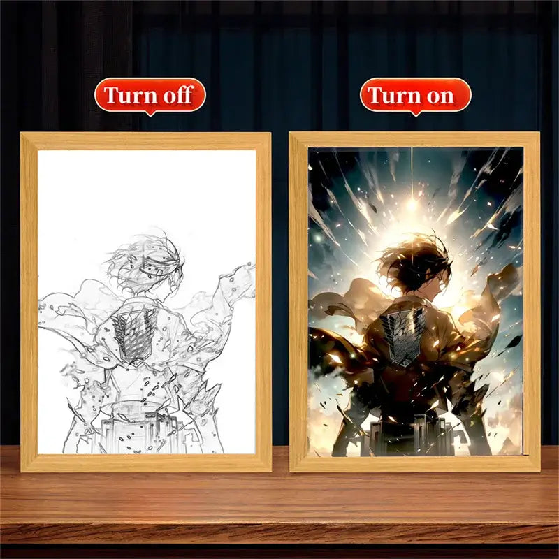 Wooden-framed attack on titan moonlight led photo frame featuring a glowing armored character with survey corps emblem