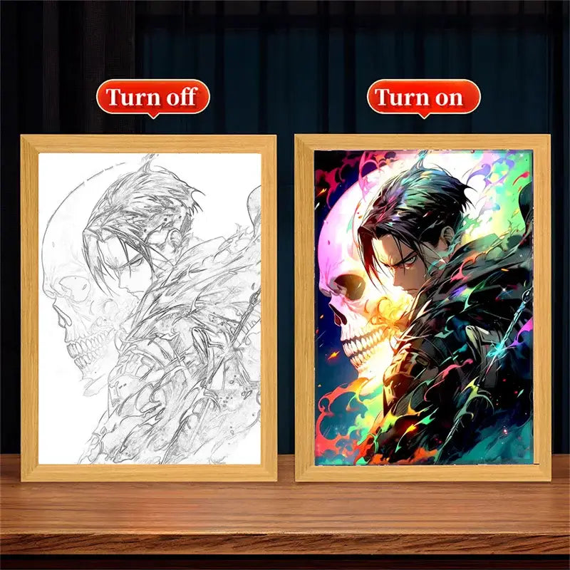 Vibrant multicolored anime style diamond painting in a light wood frame attack on titan moonlight led photo frame bedroom decor