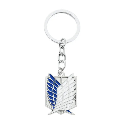 Silver and blue enamel pin keychain featuring the scout regiment emblem from attack on titan enamel badge