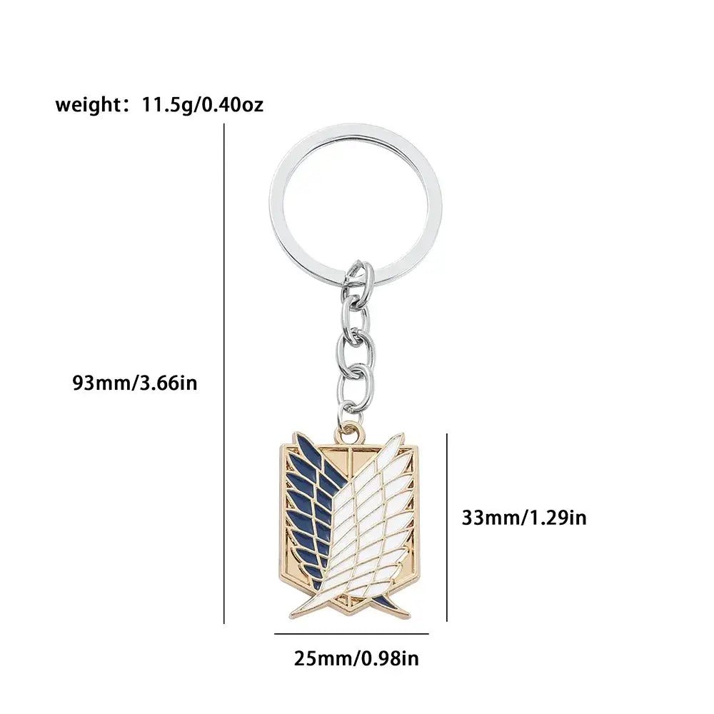 Silver and gold enamel pin keychain featuring the scout regiment emblem from attack on titan for fans