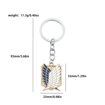 Silver and gold enamel pin keychain featuring the scout regiment emblem from attack on titan for fans