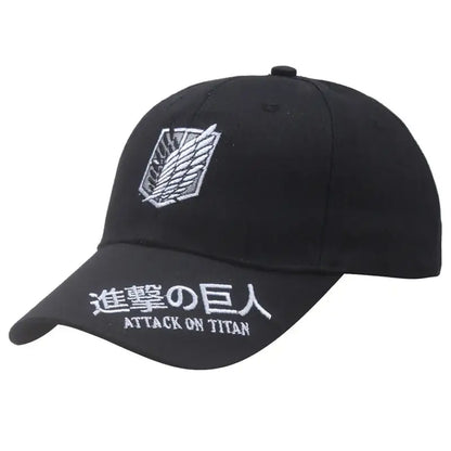 Black embroidered baseball hat featuring white titan wings survey corps emblem and attack on titan text in Japanese and English