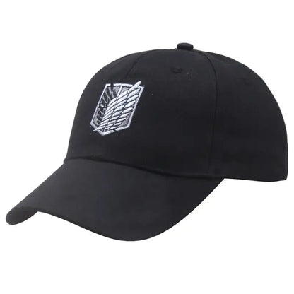 Black baseball hat featuring white embroidered titan wings emblem from attack on titan scout regiment
