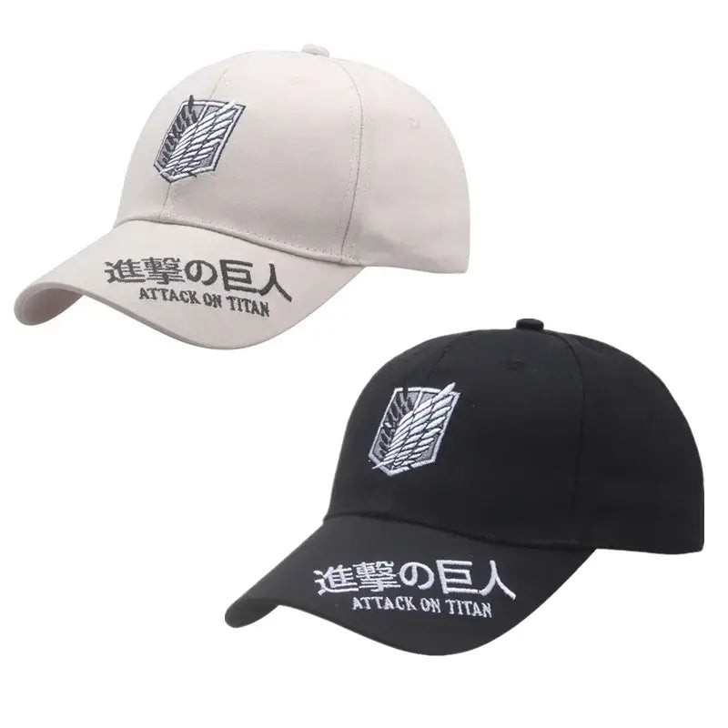 Beige and black embroidered attack on titan wings of freedom baseball hat with titan wings logo and stitched text