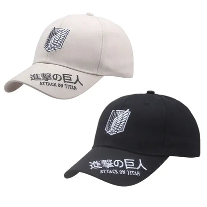 Beige and black embroidered attack on titan wings of freedom baseball hat with titan wings logo and stitched text