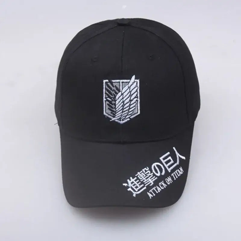 Black baseball hat with white embroidered titan wings scout regiment emblem and attack on titan title in kanji and english