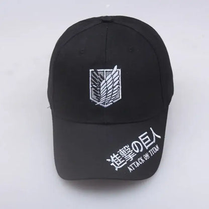 Black baseball hat with white embroidered titan wings scout regiment emblem and attack on titan title in kanji and english