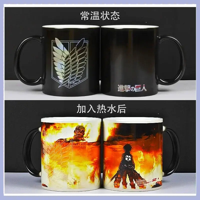 Black ceramic attack on titan wings of freedom color change mug reveals fiery characters when hot liquid is added