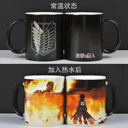 Black ceramic attack on titan wings of freedom mug with heat-sensitive color change logo and character artwork