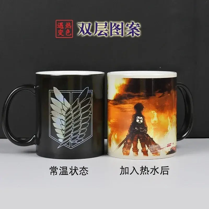 Black ceramic color change mug with attack on titan scout regiment emblem and fiery armored character illustration