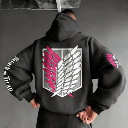 Black attack on titan wings oversized hoodie back side featuring pink and white winged emblem with sleeve graphics