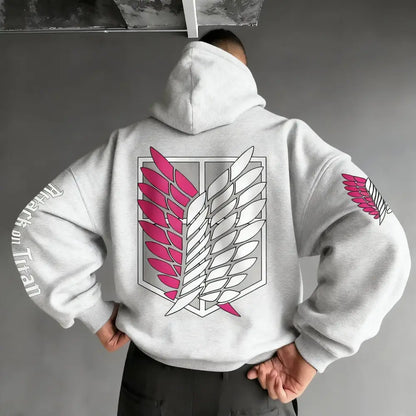 Back side of light gray Attack On Titan wings oversized hoodie with pink and white winged emblem and sleeve prints