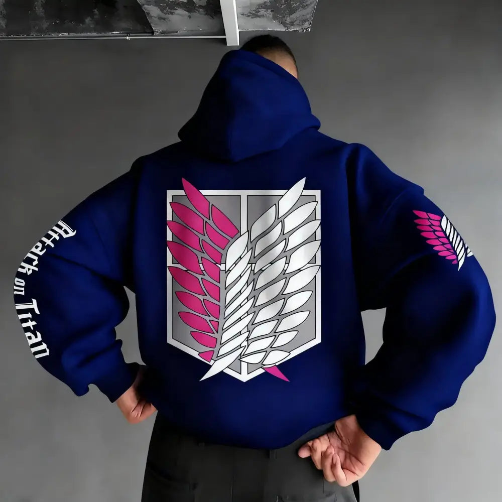 Navy blue oversized unisex hoodie with 3d printed attack on titan survey corps emblem wings on the back