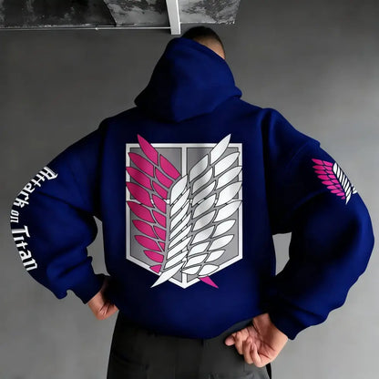 Navy blue oversized unisex hoodie with 3d printed attack on titan survey corps emblem wings on the back