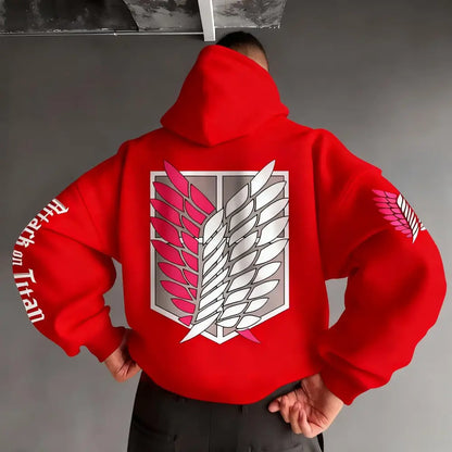 Back view of a red attack on titan wings oversized unisex hoodie with pink and white winged emblem and text on sleeve