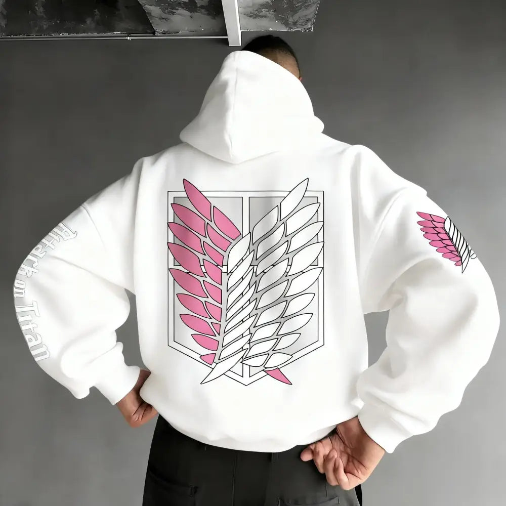 White attack on titan oversized hoodie with pink and gray winged emblem on back and matching sleeves print
