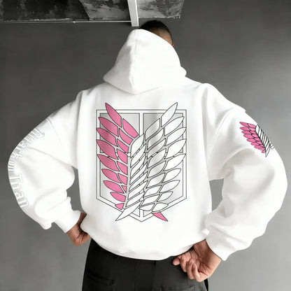 White attack on titan oversized hoodie with pink and gray winged emblem on back and matching sleeves print
