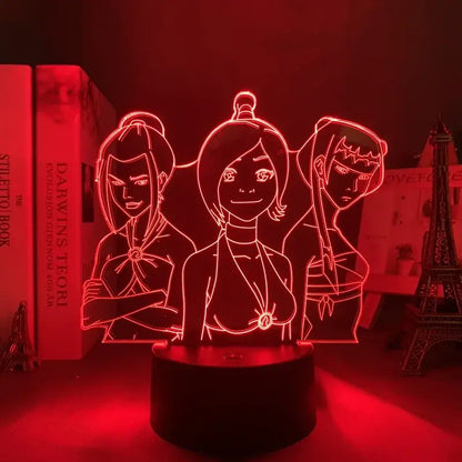 Red glowing led night light featuring three anime style females in illuminated acrylic silhouette with finger touch and remote control