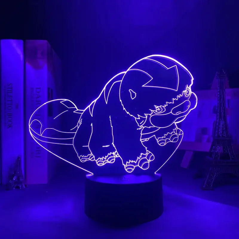 Purple glowing 3d led night light shaped like a cartoonish creature with sharp teeth and claws from avatar the last airbender