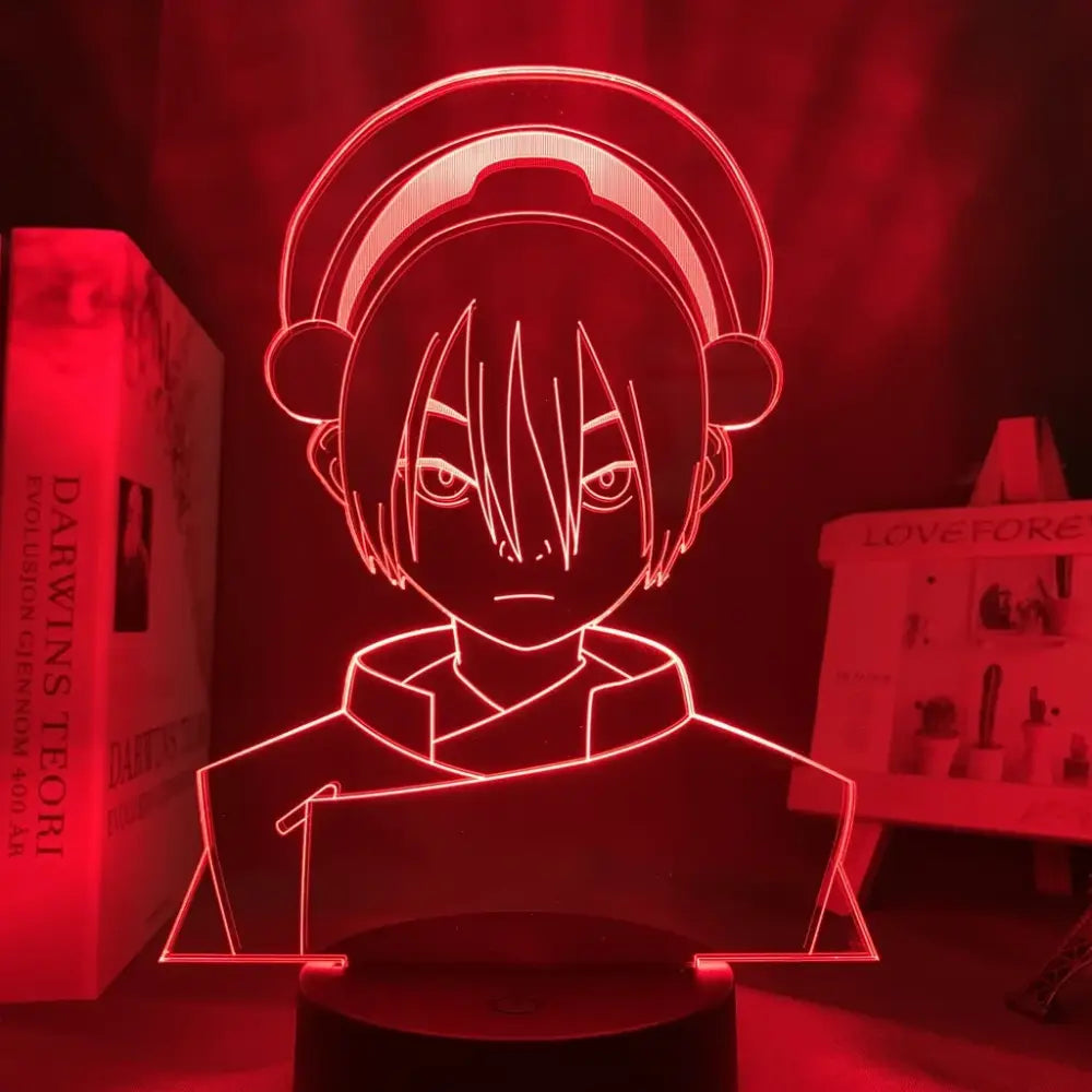 Red glowing led night light shaped like avatar the last airbender aang with headband and short hair in 3d figure