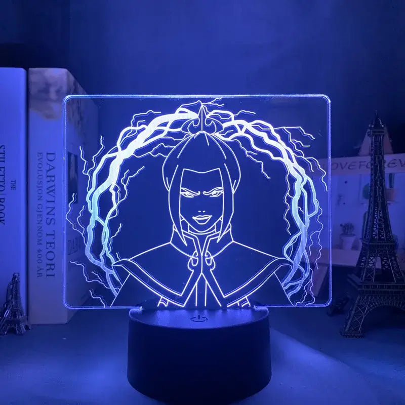 Blue-lit 3d led night light featuring azula from avatar the last airbender with glowing lightning bolts design