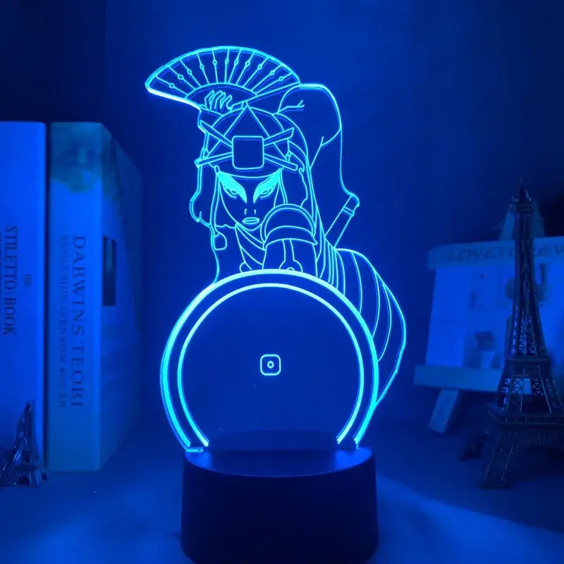 A glowing blue 3d led night light shaped like a warrior with fan and shield from Avatar The Last Airbender Aang