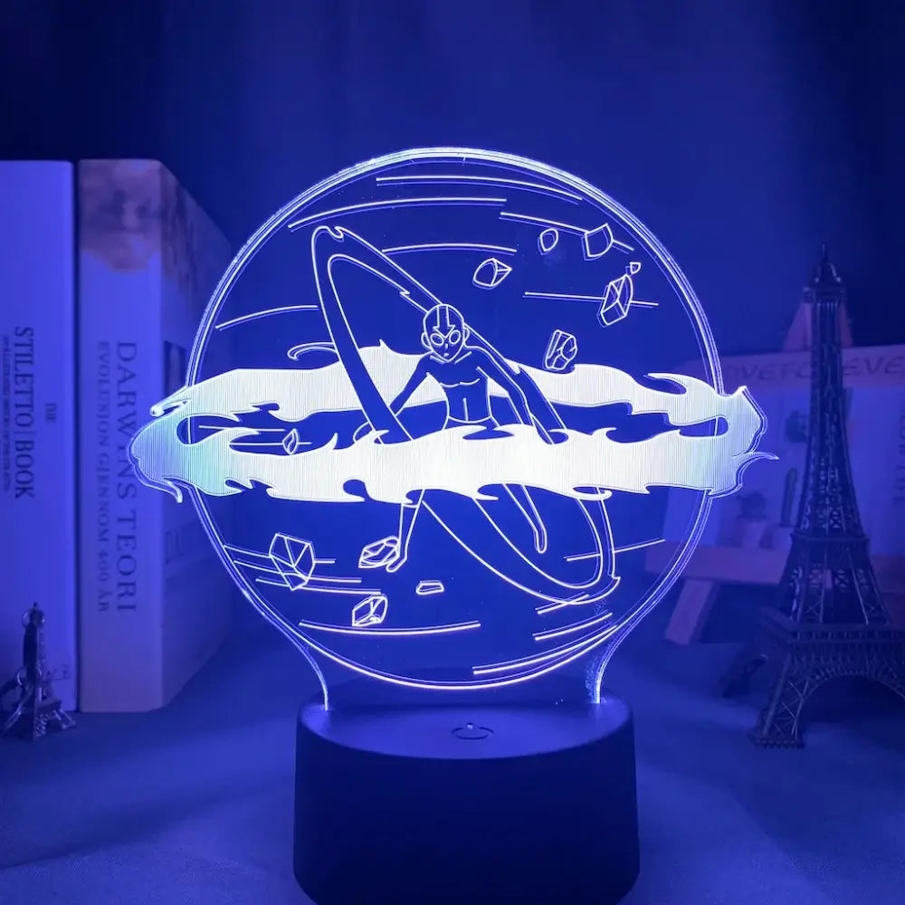 Blue-lit 3d led night light featuring ultraman surfing space with floating crystals for vibrant led night decor