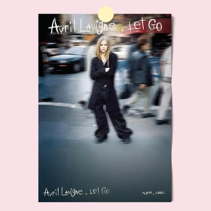 Avril lavigne wall poster featuring the let go album cover with artist in black outfit on blurred city street background