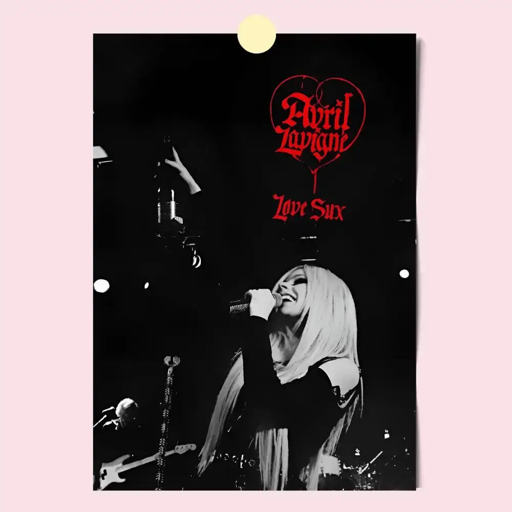 Black and white avril lavigne wall poster featuring her singing with red heart logo and love sux text, hd waterproof print