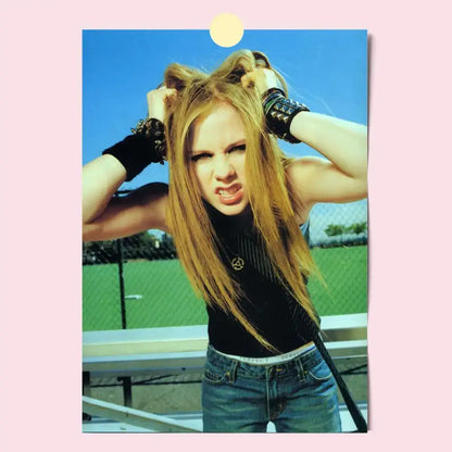 A printed avril lavigne wall poster featuring her with long blonde hair in black top and jeans with waterproof self-stick print