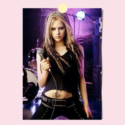 Avril lavigne wall poster featuring woman in black stage attire with gold crown holding microphone under purple light