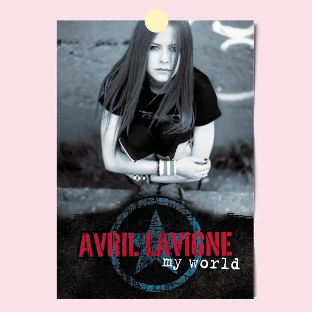Avril lavigne black and white wall poster with distressed blue star logo and red text my world hd waterproof print